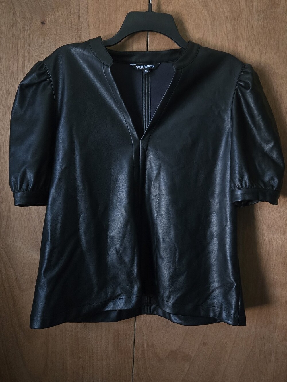 Steve Madden Black Faux Leather Puff-Sleeve Top